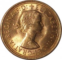 obverse of 1 Sovereign - Elizabeth II - 1'st Portrait (1957 - 1968) coin with KM# 908 from United Kingdom. Inscription: +ELIZABETH · II · DEI · GRATIA · REGINA · F:D: