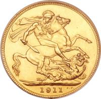 reverse of 1 Sovereign - George V (1911 - 1925) coin with KM# 820 from United Kingdom. Inscription: 1911 B.P.