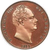 obverse of 1/2 Penny - William IV (1831 - 1837) coin with KM# 706 from United Kingdom. Inscription: GULIELMUS IIII DEI GRATIA 1831