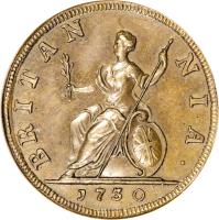 reverse of 1 Farthing - George II (1730 - 1739) coin with KM# 572 from United Kingdom. Inscription: BRITAN NIA · 1730