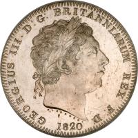 obverse of 1 Crown - George III (1818 - 1820) coin with KM# 675 from United Kingdom. Inscription: GEORGIUS III D:G: BRITANNIARUM REX F: D: PESTRUCCI 1820
