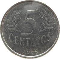 Brazil coin 5 Centavos (1994 - 1997) reverse reverse of 5 Centavos (1994 - 1997) coin with KM# 632 from Brazil. Inscription: 5 CENTAVOS 1994