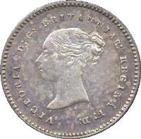 obverse of 2 Pence - Victoria - Maundy Coinage; 1'st Portrait (1838 - 1887) coin with KM# 729 from United Kingdom. Inscription: VICTORIA D:G: BRITANNIAR: REGINA F:D: