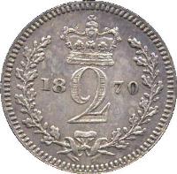 reverse of 2 Pence - Victoria - Maundy Coinage; 1'st Portrait (1838 - 1887) coin with KM# 729 from United Kingdom. Inscription: 18 2 53