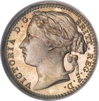 obverse of 1/3 Farthing - Victoria - 1'st Portrait (1866 - 1888) coin with KM# 750 from United Kingdom. Inscription: VICTORIA D. G. BRITT. REG. F. D.