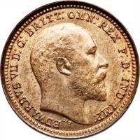 United Kingdom coin 1/3 Farthing - Edward VII (1902) obverse obverse of 1/3 Farthing - Edward VII (1902) coin with KM# 791 from United Kingdom. Inscription: EDWARDVS VII D: G: BRITT: OMN: REX F. D. IND: IMP: