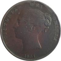 obverse of 1 Penny - Victoria - 1'st Portrait (1841 - 1860) coin with KM# 739 from United Kingdom. Inscription: VICTORIA DEI GRATIA 1858
