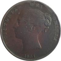 United Kingdom coin 1 Penny - Victoria - 1'st Portrait (1841 - 1860) obverse obverse of 1 Penny - Victoria - 1'st Portrait (1841 - 1860) coin with KM# 739 from United Kingdom. Inscription: VICTORIA DEI GRATIA 1858