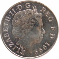 obverse of 5 Pounds - Elizabeth II - Diana - 4'th Portrait (1999) coin with KM# 997 from United Kingdom. Inscription: ELIZABETH · II · D · G REG · F · D · 1999 IRB