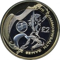 reverse of 2 Pounds - Elizabeth II - Games in Northern Ireland - 4'th Portrait (2002) coin with KM# 1034 from United Kingdom. Inscription: £2 XVII COMMONWEALTH GAMES