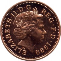 obverse of 1 Penny - Elizabeth II - Non magnetic; 4'th Portrait (1999 - 2004) coin with KM# 986a from United Kingdom. Inscription: ELIZABETH · II · D · G REG · F · D · 1999 IRB