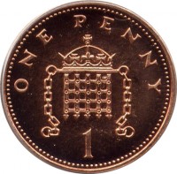 reverse of 1 Penny - Elizabeth II - Non magnetic; 4'th Portrait (1999 - 2004) coin with KM# 986a from United Kingdom. Inscription: ONE PENNY 1