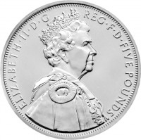 obverse of 5 Pounds - Elizabeth II - Diamond Jubilee - 4'th Portrait (2012) coin with KM# 1216 from United Kingdom. Inscription: ELIZABETH · II · D · G REG · F · D · FIVE POUNDS