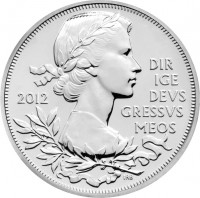reverse of 5 Pounds - Elizabeth II - Diamond Jubilee - 4'th Portrait (2012) coin with KM# 1216 from United Kingdom. Inscription: 2012 DIR IGE DEVS GRESSVS MEOS IRB