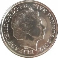obverse of 5 Pounds - Elizabeth II - London 2012 Paralympics - 4'th Portrait (2012) coin from United Kingdom. Inscription: ELIZABETH · II · D · G · REG · F · D FIVE POUNDS · 2012 IRB