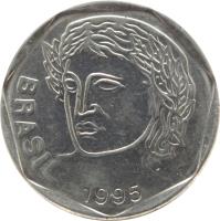 obverse of 25 Centavos (1994 - 1995) coin with KM# 634 from Brazil. Inscription: BRASIL 1995