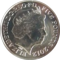 obverse of 5 Pounds - Elizabeth II - London 2012 - 4'th Portrait (2012) coin from United Kingdom. Inscription: ELIZABETH · II · D · G · REG · F · D FIVE POUNDS · 2012 IRB