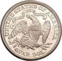 United States coin 1/4 Dollar - Seated Liberty Quarter; With motto; Without date arrows (1866 - 1891) reverse reverse of 1/4 Dollar - Seated Liberty Quarter; With motto; Without date arrows (1866 - 1891) coin with KM# 98 from United States. Inscription: UNITED STATES OF AMERICA QUAR.DOL