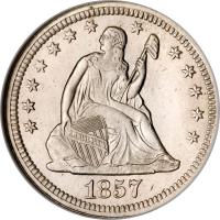 United States coin 1/4 Dollar - Seated Liberty Quarter; Without motto (1838 - 1866) obverse obverse of 1/4 Dollar - Seated Liberty Quarter; Without motto (1838 - 1866) coin with KM# 64 from United States. Inscription: LIBERTY 1861