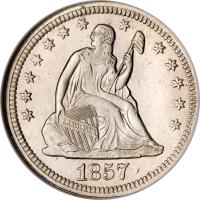 obverse of 1/4 Dollar - Seated Liberty Quarter; Without motto (1838 - 1866) coin with KM# 64 from United States. Inscription: LIBERTY 1861