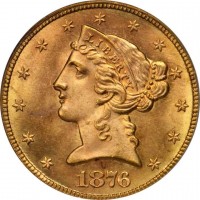 obverse of 5 Dollars - Liberty / Coronet Head - Half Eagle; With motto (1866 - 1908) coin with KM# 101 from United States. Inscription: * * * * * * * * * * * * * 1876