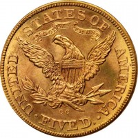 reverse of 5 Dollars - Liberty / Coronet Head - Half Eagle; With motto (1866 - 1908) coin with KM# 101 from United States. Inscription: UNITED STATES OF AMERICA CC · FIVE D. ·