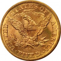 United States coin 5 Dollars - Liberty / Coronet Head - Half Eagle; With motto (1866 - 1908) reverse reverse of 5 Dollars - Liberty / Coronet Head - Half Eagle; With motto (1866 - 1908) coin with KM# 101 from United States. Inscription: UNITED STATES OF AMERICA CC · FIVE D. ·