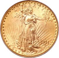 obverse of 20 Dollars - Saint-Gaudens Double Eagle; With motto (1908 - 1933) coin with KM# 131 from United States. Inscription: LIBERTY D 1911
