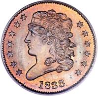 obverse of 1/2 Cent - Classic Head Half Cent (1809 - 1836) coin with KM# 41 from United States. Inscription: 1833