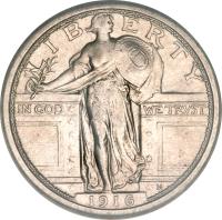 obverse of 1/4 Dollar - Standing Liberty Quarter; Breast exposed (1916 - 1917) coin with KM# 141 from United States. Inscription: LIBERTY IN GOD WE TRUST 1916