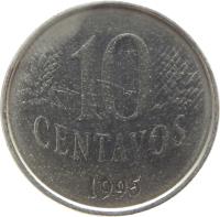 Brazil coin 10 Centavos (1994 - 1997) reverse reverse of 10 Centavos (1994 - 1997) coin with KM# 633 from Brazil. Inscription: 10 CENTAVOS 1994
