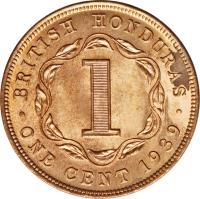 reverse of 1 Cent - George VI (1937 - 1947) coin with KM# 21 from Belize. Inscription: BRITISH HONDURAS 1 · ONE CENT 1943 ·