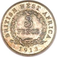 British West Africa coin 3 Pence - George V (1913 - 1919) reverse reverse of 3 Pence - George V (1913 - 1919) coin with KM# 10 from British West Africa. Inscription: BRITISH WEST AFRICA 3 PENCE 1919