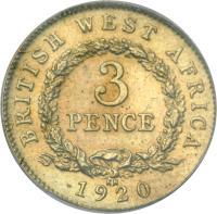 reverse of 3 Pence - George V (1920 - 1936) coin with KM# 10b from British West Africa. Inscription: BRITISH WEST AFRICA 3 PENCE 1920