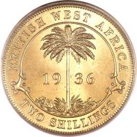 British West Africa coin 2 Shillings - George V (1920 - 1936) reverse reverse of 2 Shillings - George V (1920 - 1936) coin with KM# 13b from British West Africa. Inscription: BRITISH WEST AFRICA . 19 24 . TWO SHILLINGS