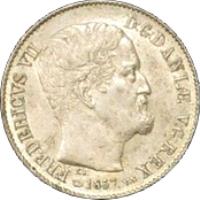 obverse of 16 Skilling Rigsmont - Frederik VII (1856 - 1858) coin with KM# 765 from Denmark. Inscription: FREDERICVS VII	D:G:DANIÆ V:G:REX F.K 1857 V.S