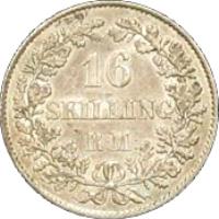 reverse of 16 Skilling Rigsmont - Frederik VII (1856 - 1858) coin with KM# 765 from Denmark. Inscription: 16 SKILLING R:M:
