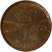 reverse of 1 Rigsbankskilling - Christian VIII (1842) coin with KM# 726 from Denmark. Inscription: 1 1842 R:B:S V.S