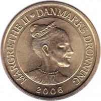 obverse of 20 Kroner - Margrethe II - Gråsten Castle - 4'th Portrait (2006) coin with KM# 902 from Denmark. Inscription: MARGRETHE II ♥ DANMARKS DRONNING 2006