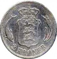 reverse of 2 Kroner - Christian IX (1875 - 1899) coin with KM# 798 from Denmark. Inscription: 2 KRONER