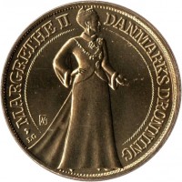 obverse of 20 Kroner - Margrethe II - Silver Jubilee (1997) coin with KM# 883 from Denmark. Inscription: MARGRETHE II DANMARKS DRONNING