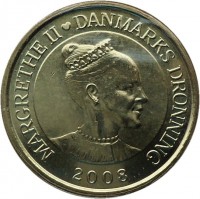 obverse of 20 Kroner - Margrethe II - Havhingsten - 4'th Portrait (2008) coin with KM# 927 from Denmark. Inscription: MARGRETHE II ♥ DANMARKS DRONNING 2008