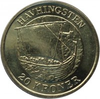 reverse of 20 Kroner - Margrethe II - Havhingsten - 4'th Portrait (2008) coin with KM# 927 from Denmark. Inscription: HAVHINGSTEN 20 KRONER