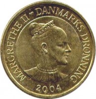 obverse of 20 Kroner - Margrethe II - Marriage of Crownprince - 4'th Portrait (2004) coin with KM# 894 from Denmark. Inscription: MARGRETHE II DANMARKS DRONNING 2004