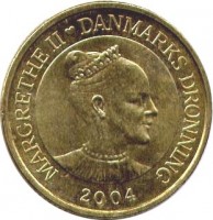 Denmark coin 20 Kroner - Margrethe II - Marriage of Crownprince - 4'th Portrait (2004) obverse obverse of 20 Kroner - Margrethe II - Marriage of Crownprince - 4'th Portrait (2004) coin with KM# 894 from Denmark. Inscription: MARGRETHE II DANMARKS DRONNING 2004