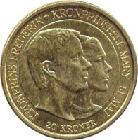 reverse of 20 Kroner - Margrethe II - Marriage of Crownprince - 4'th Portrait (2004) coin with KM# 894 from Denmark. Inscription: KRONPRINS FREDERIK KRONPRINSSE MARY 14. MAJ 20 KRONER