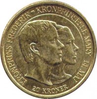 Denmark coin 20 Kroner - Margrethe II - Marriage of Crownprince - 4'th Portrait (2004) reverse reverse of 20 Kroner - Margrethe II - Marriage of Crownprince - 4'th Portrait (2004) coin with KM# 894 from Denmark. Inscription: KRONPRINS FREDERIK KRONPRINSSE MARY 14. MAJ 20 KRONER