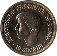 reverse of 10 Kroner - Margrethe II - Crown Prince´s Birthday (1986) coin with KM# 865 from Denmark. Inscription: KRONPRINS FREDERIK 26.5.1986 10 KRONER