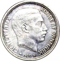 Denmark coin 2 Kroner - Christian X - King´s Birthday (1930) obverse obverse of 2 Kroner - Christian X - King´s Birthday (1930) coin with KM# 829 from Denmark. Inscription: CHRISTIAN X KONGE AF DANMARK ♥ 1930 N.