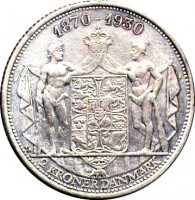 reverse of 2 Kroner - Christian X - King´s Birthday (1930) coin with KM# 829 from Denmark. Inscription: 1870-1930 2 KRONER DANMARK